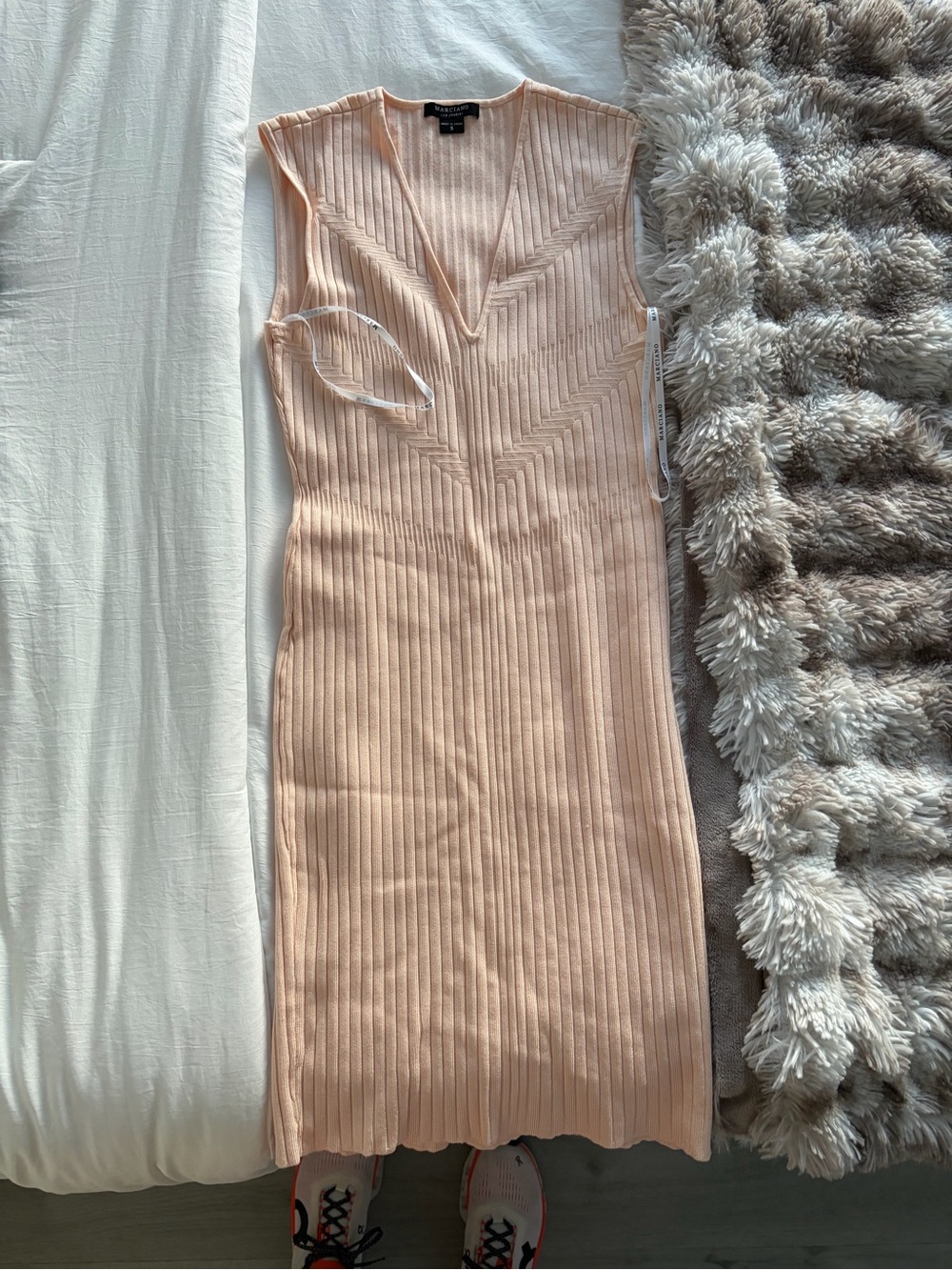 Marciano Sleeveless Ribbed Knit Midi Dress in Light Peach